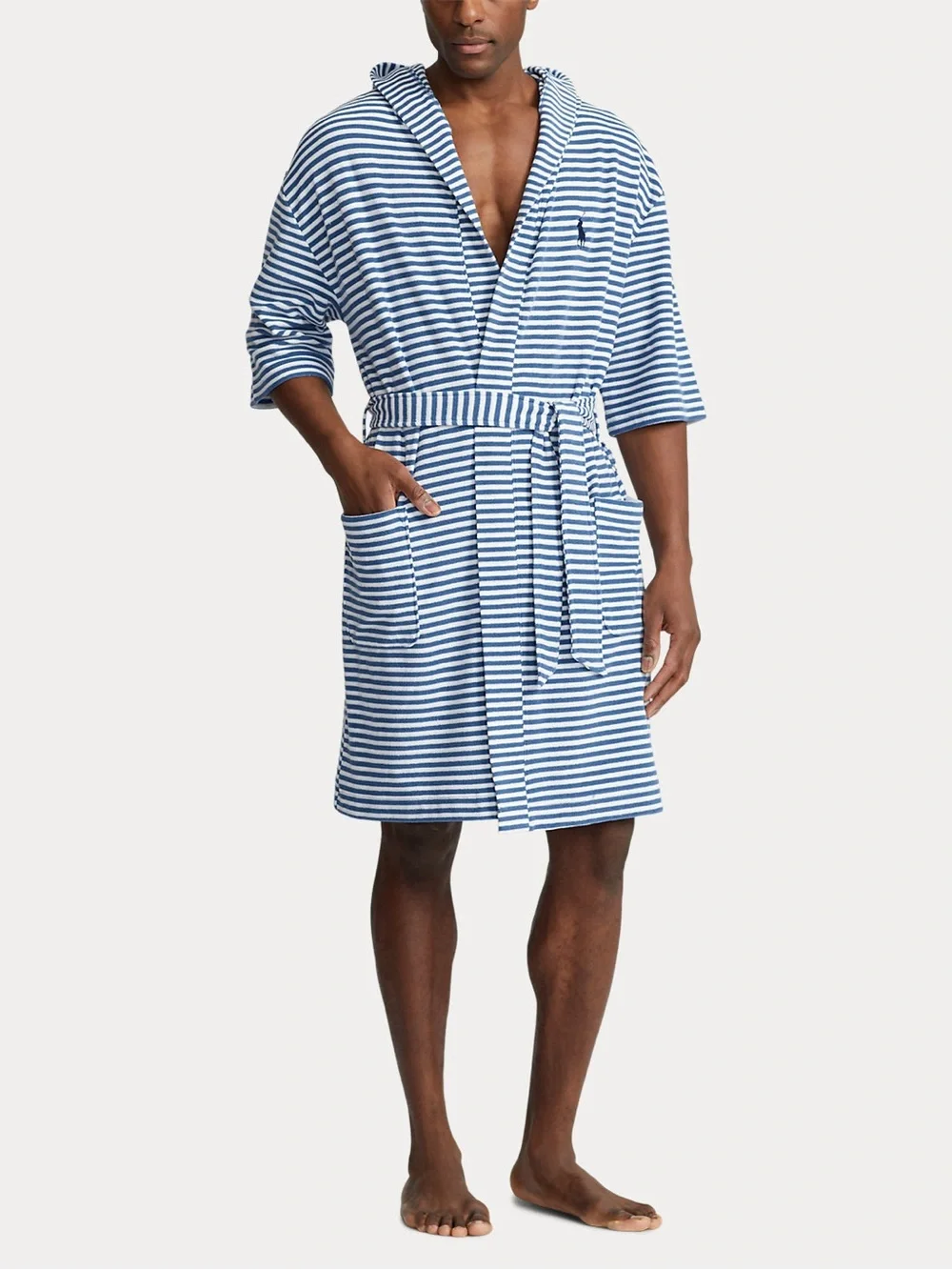 Polo by Ralph Lauren Mens Navy and White Striped Hooded Bath Robe S/M